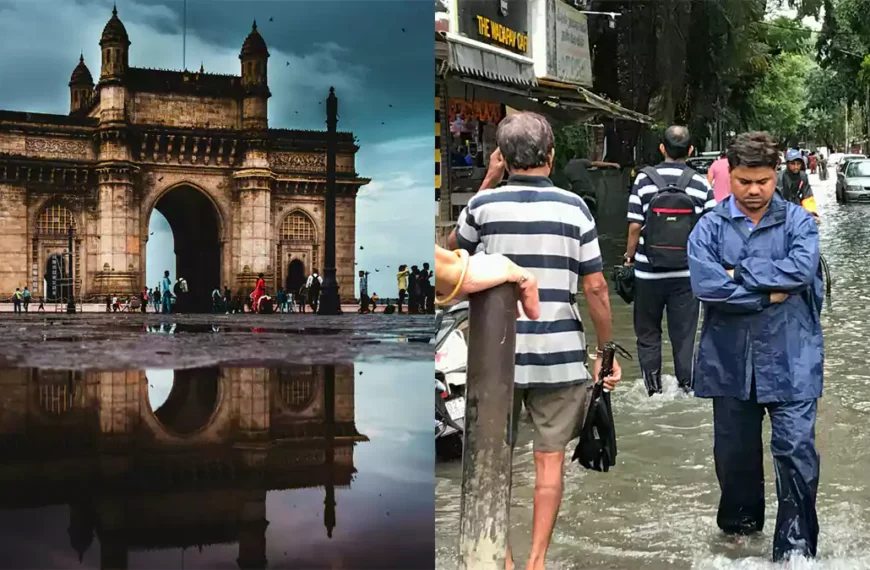 मुंबई में भारी बारिश के दौरान पानी में फंसे वाहन और बारिश में छाता लिए चलते लोग