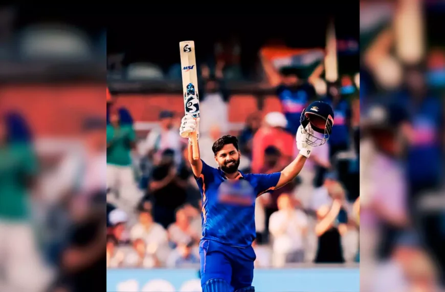 लखनऊ सुपर जायंट्स के कप्तान ऋषभ पंत पहली आईपीएल सेंचुरी के बाद बल्ला उठाते हुए, बैकग्राउंड में टीम मालिक संजीव गोयनका की प्रतिक्रिया