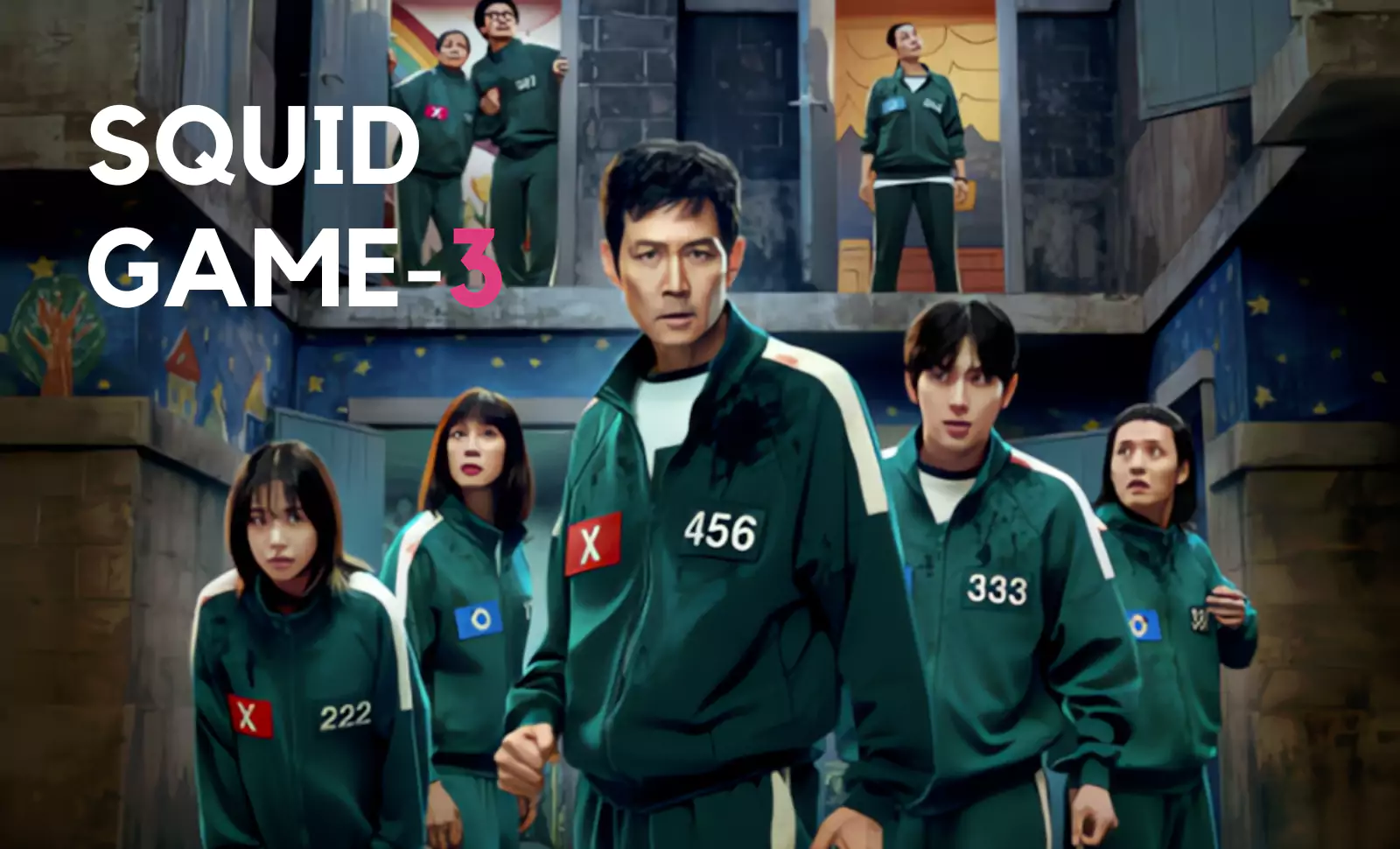 एक स्क्विड गेम 3 प्रचार पोस्टर जिसमें ली जंग-जे (प्लेयर 456) खेल के हरे रंग की ट्रैकसूट पहने, एक कमरे के केंद्र में दृढ़ता से खड़े हैं, जिसके पीछे अन्य खिलाड़ी भी खेल के सूट पहने हुए हैं।