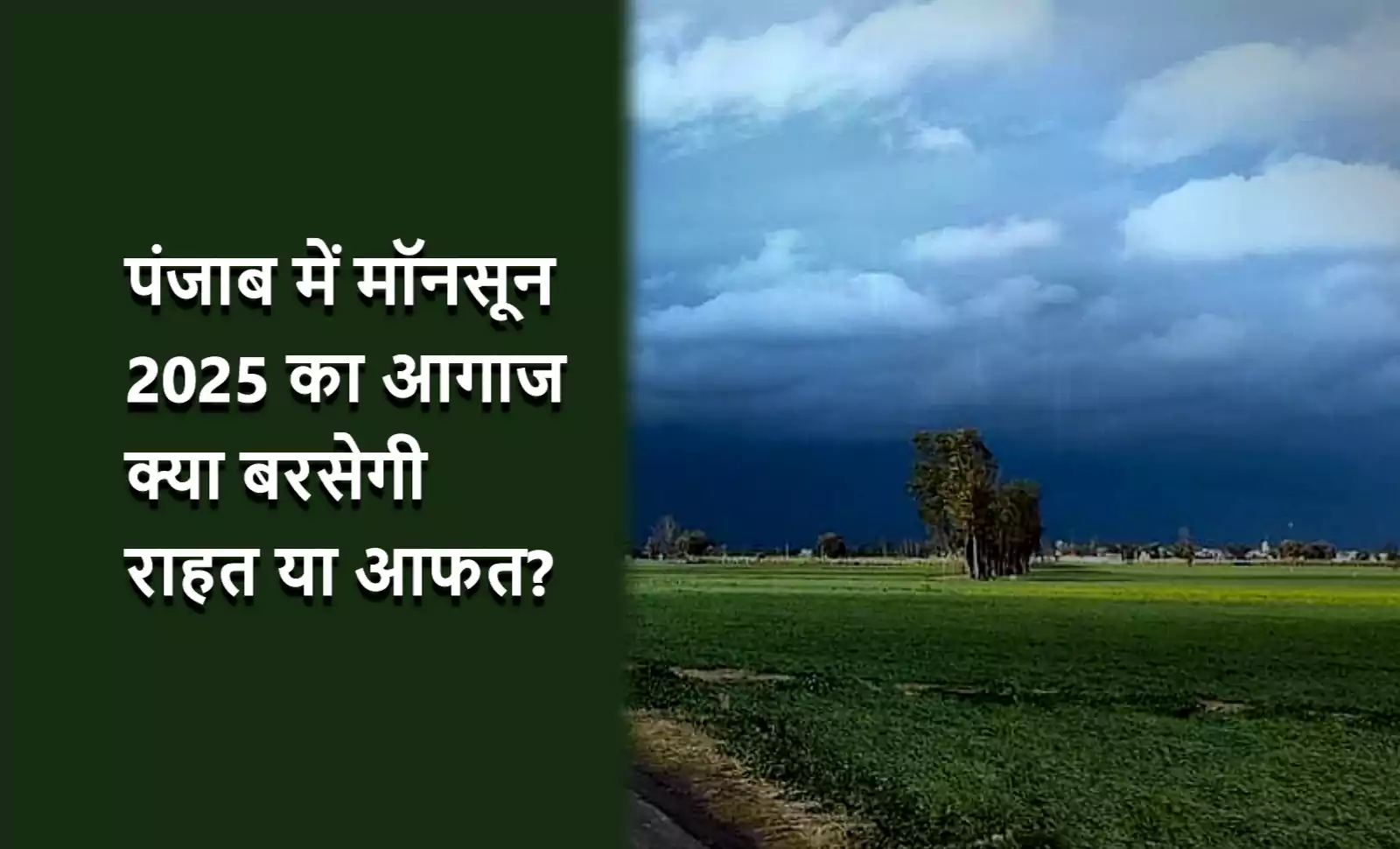 पंजाब में 2025 के मॉनसून की शुरुआत पर खेतों के ऊपर छाए घने काले बादल और हरियाली का दृश्य, जिसमें पूछा गया है – क्या बरसेगी राहत या आफत?