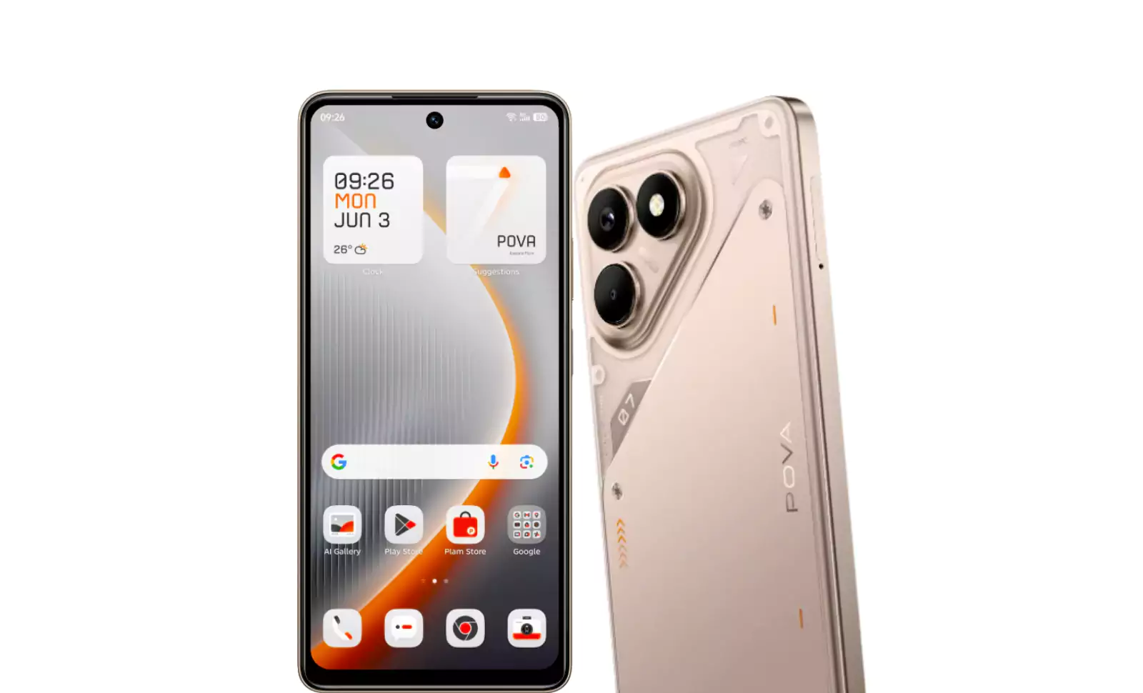 TECNO POVA 7 स्मार्टफोन को सामने और पीछे से दिखाया गया है, जो इसके गेमिंग प्रदर्शन और डिज़ाइन को उजागर करता है, यह समझने के लिए कि gaming के लिए TECNO POVA 7 कैसा है।