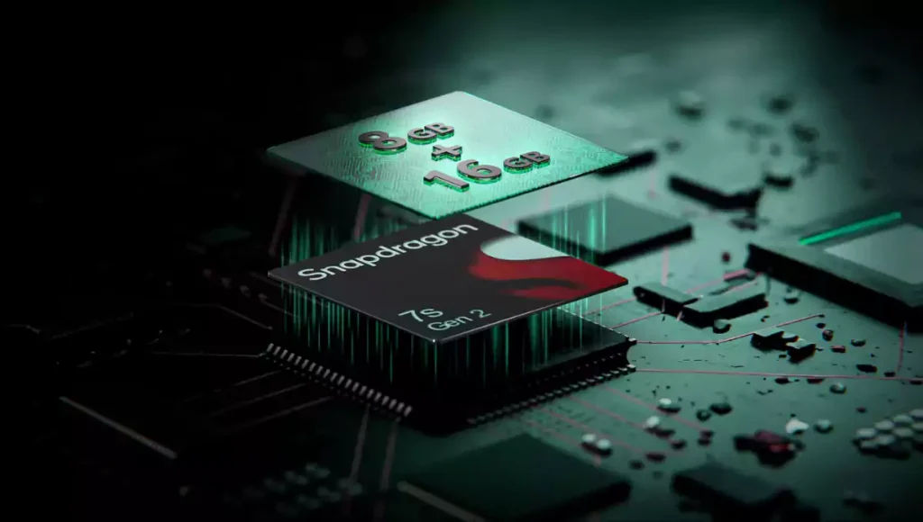 Snapdragon 7s Gen 2 प्रोसेसर और 8GB से 16GB तक रैम ऑप्शन को दर्शाती ग्राफिक इमेज।