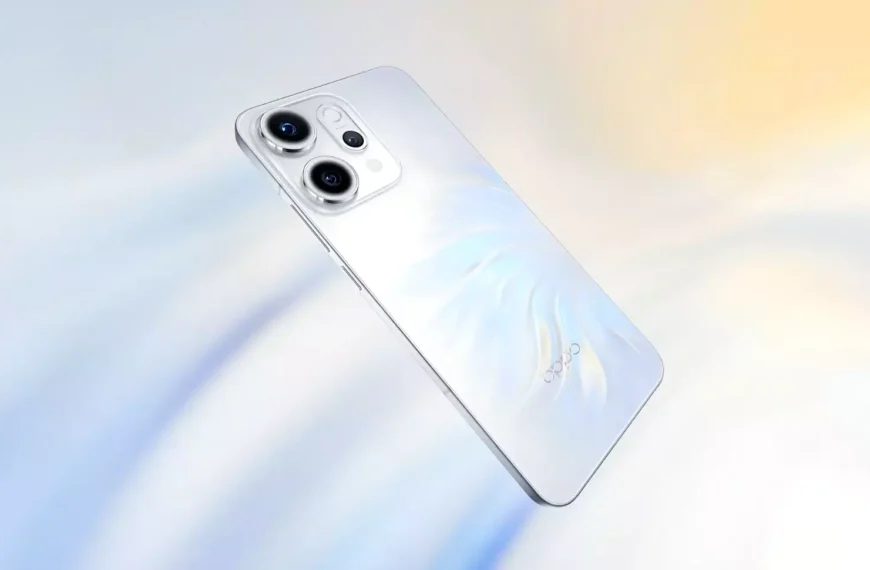 सफेद रंग का OPPO Reno14 Pro 5G स्मार्टफोन, पीछे से चमकते हुए