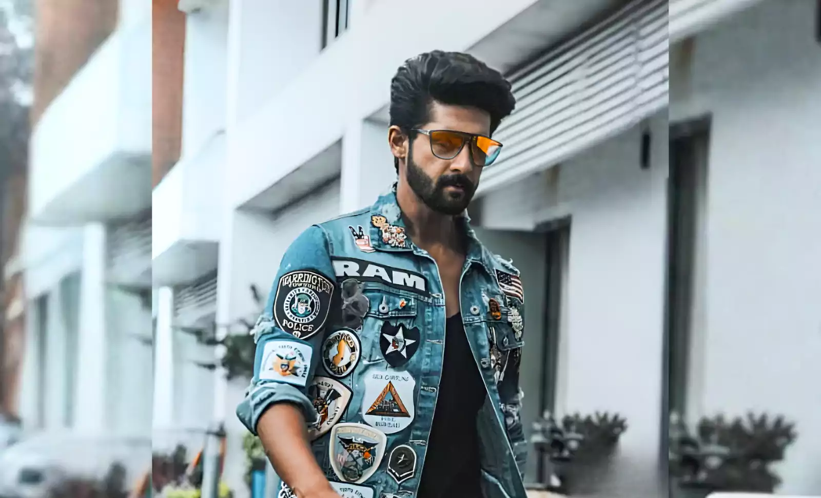 RAvi dubey धूप के चश्मे और पैच वाली डेनिम जैकेट में