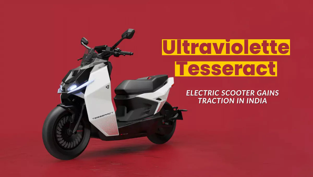 Ultraviolette Tesseract electric scooter in white color showcased on red background with bold headline.