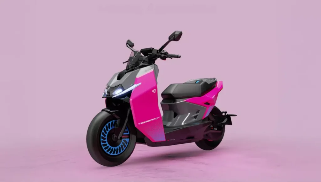 Ultraviolette Tesseract electric scooter in vibrant pink color shown on a pink background