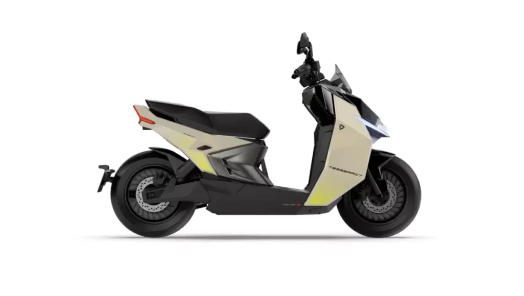 Side view of Ultraviolette Tesseract electric scooter in beige color on a plain white background.