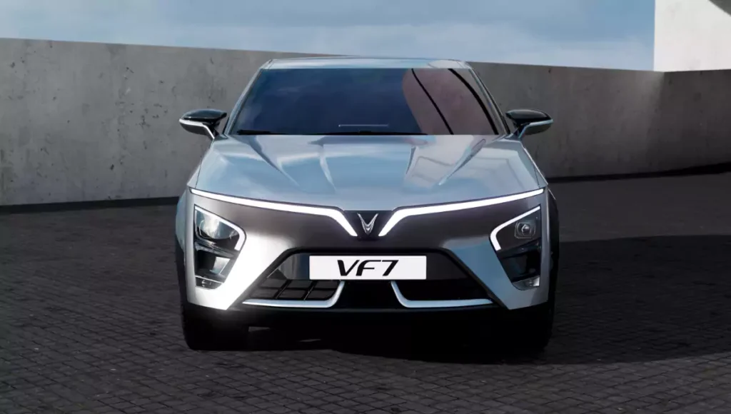 VinFast VF 7 electric SUV, featuring a distinctive front design with LED lights.
