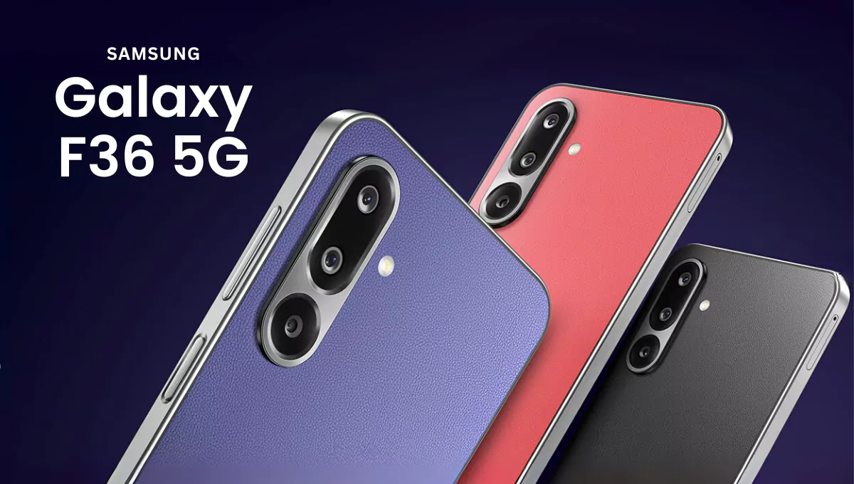 Samsung Galaxy F36 5G के तीन रंगों में प्रमोशनल इमेज